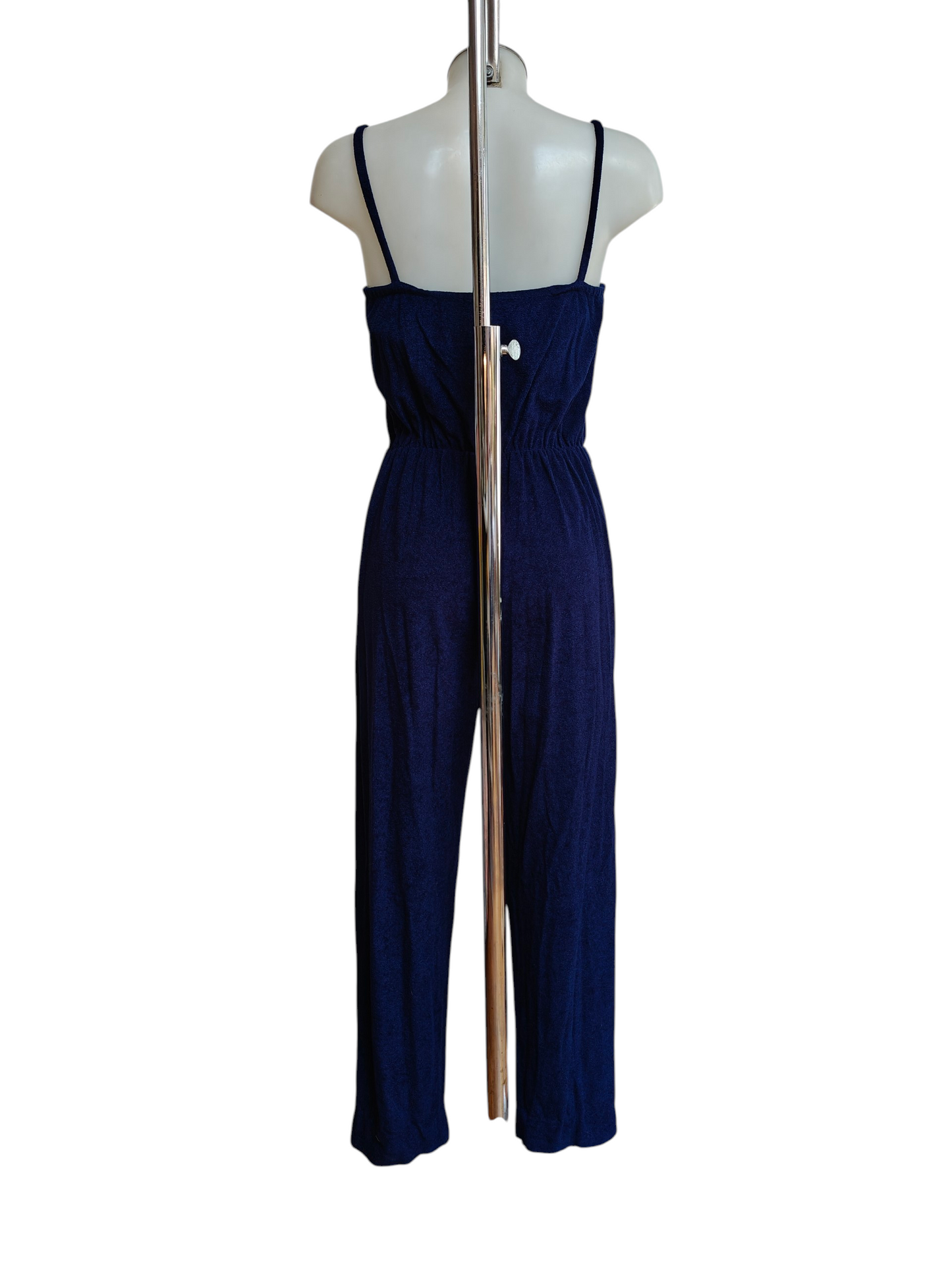 Navy 1980's jumpsuit with gold flower applique. Size 12.