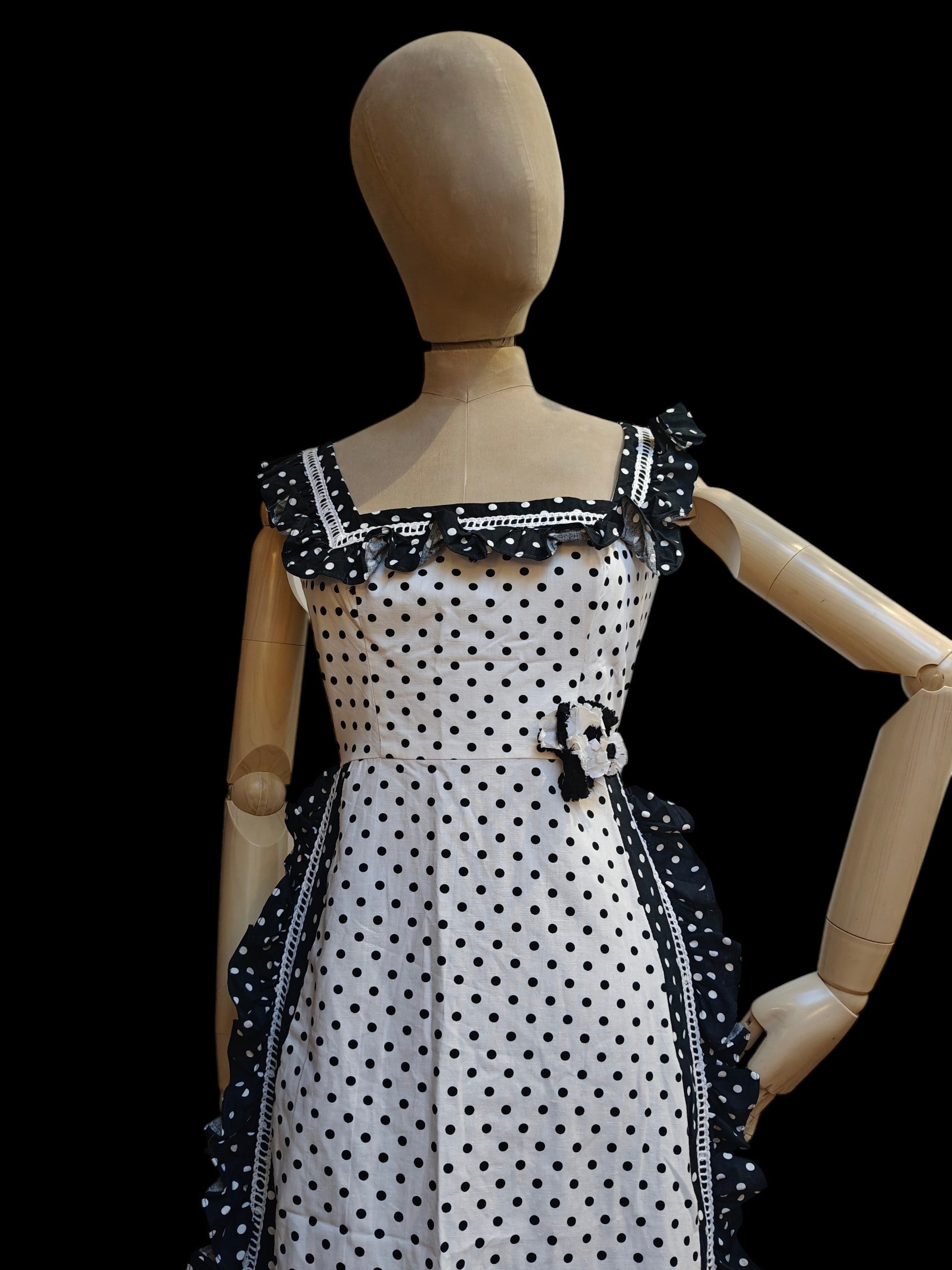vintage full length dress with square neckline and frill