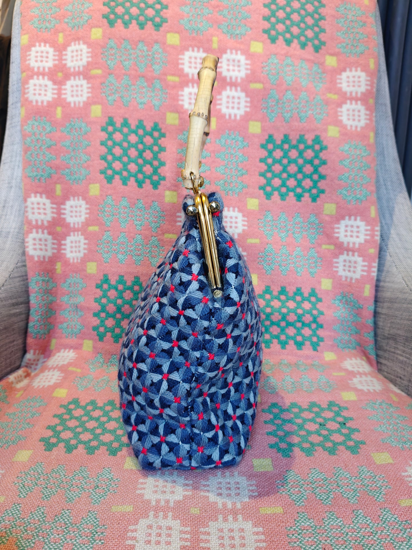 vintage knitted handbag with bamboo handle