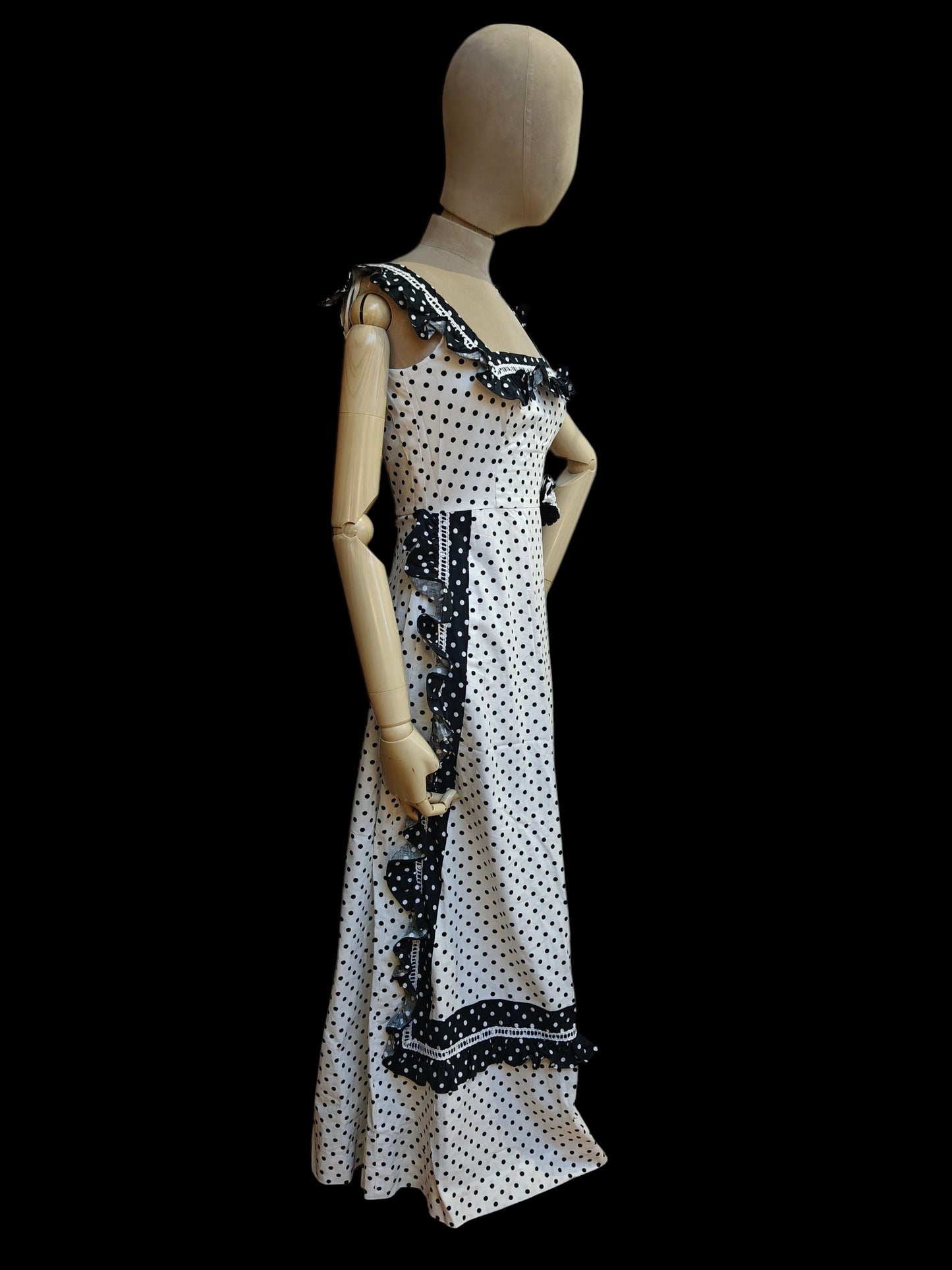 white polka dot vintage long dress with black trim