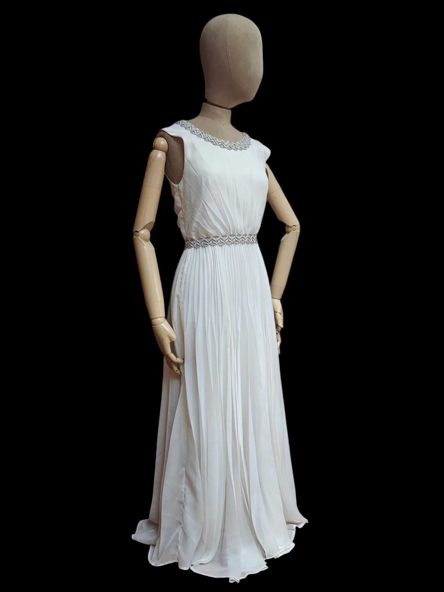 white vintage wedding dress with silver trim