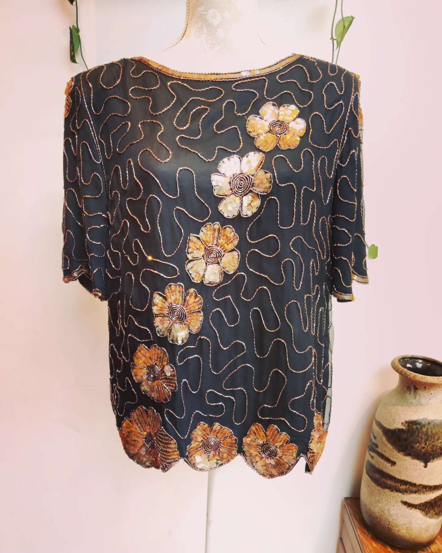 1980s Black and gold floral beaded top. Size 12-14.