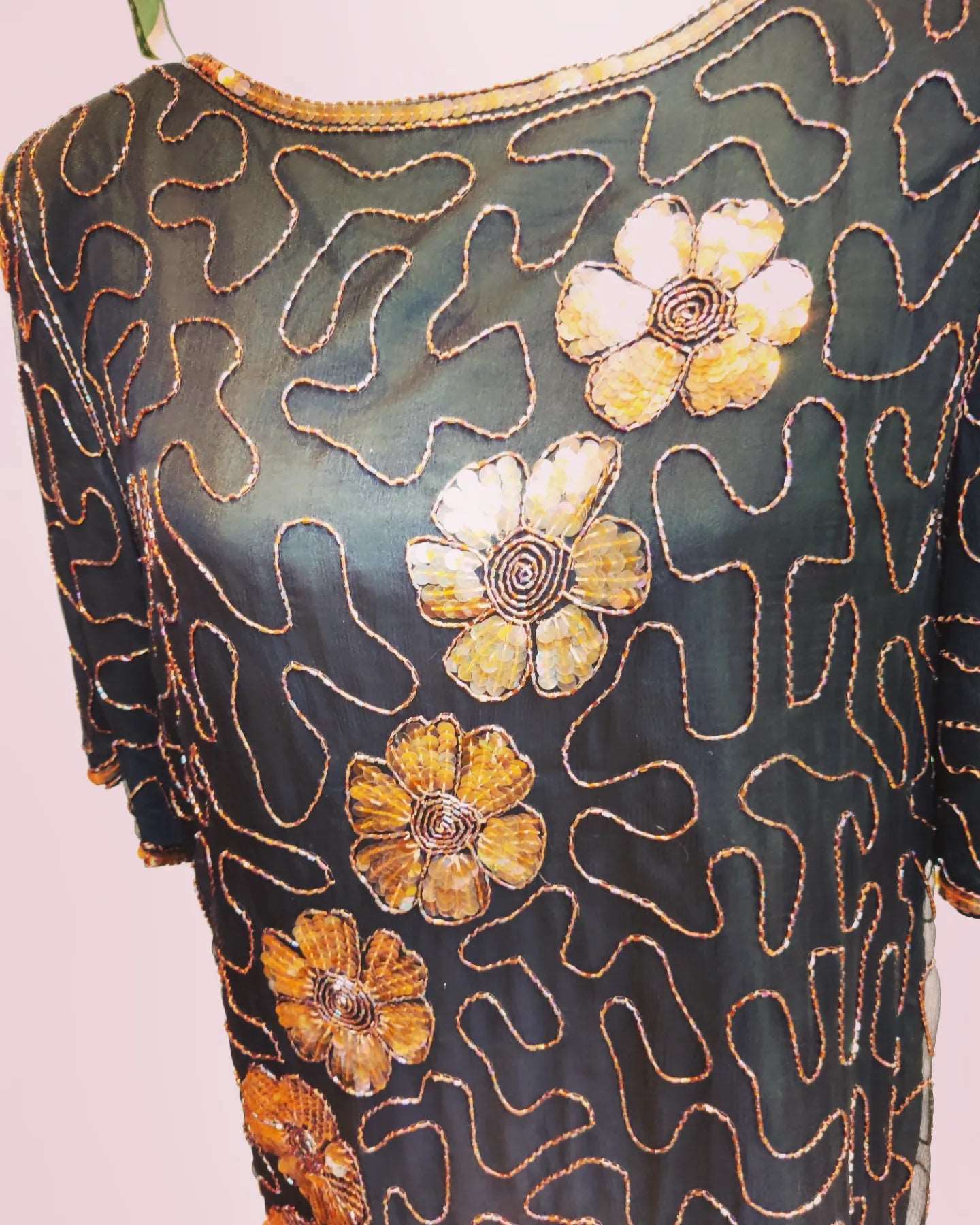 1980s Black and gold floral beaded top. Size 12-14.