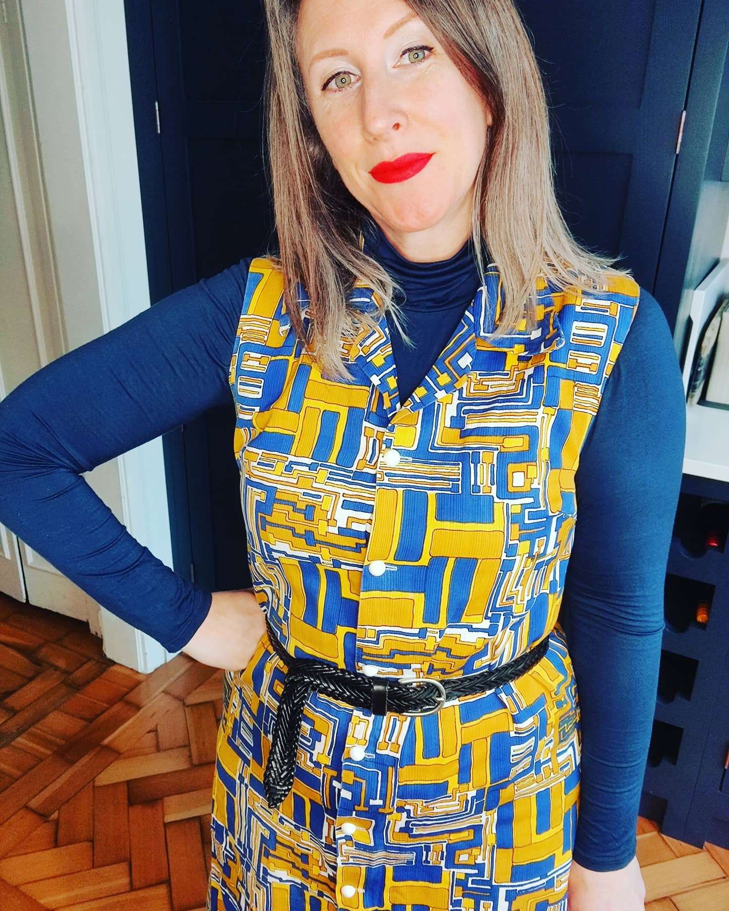 Blue and Yellow geometric print vintage dress.