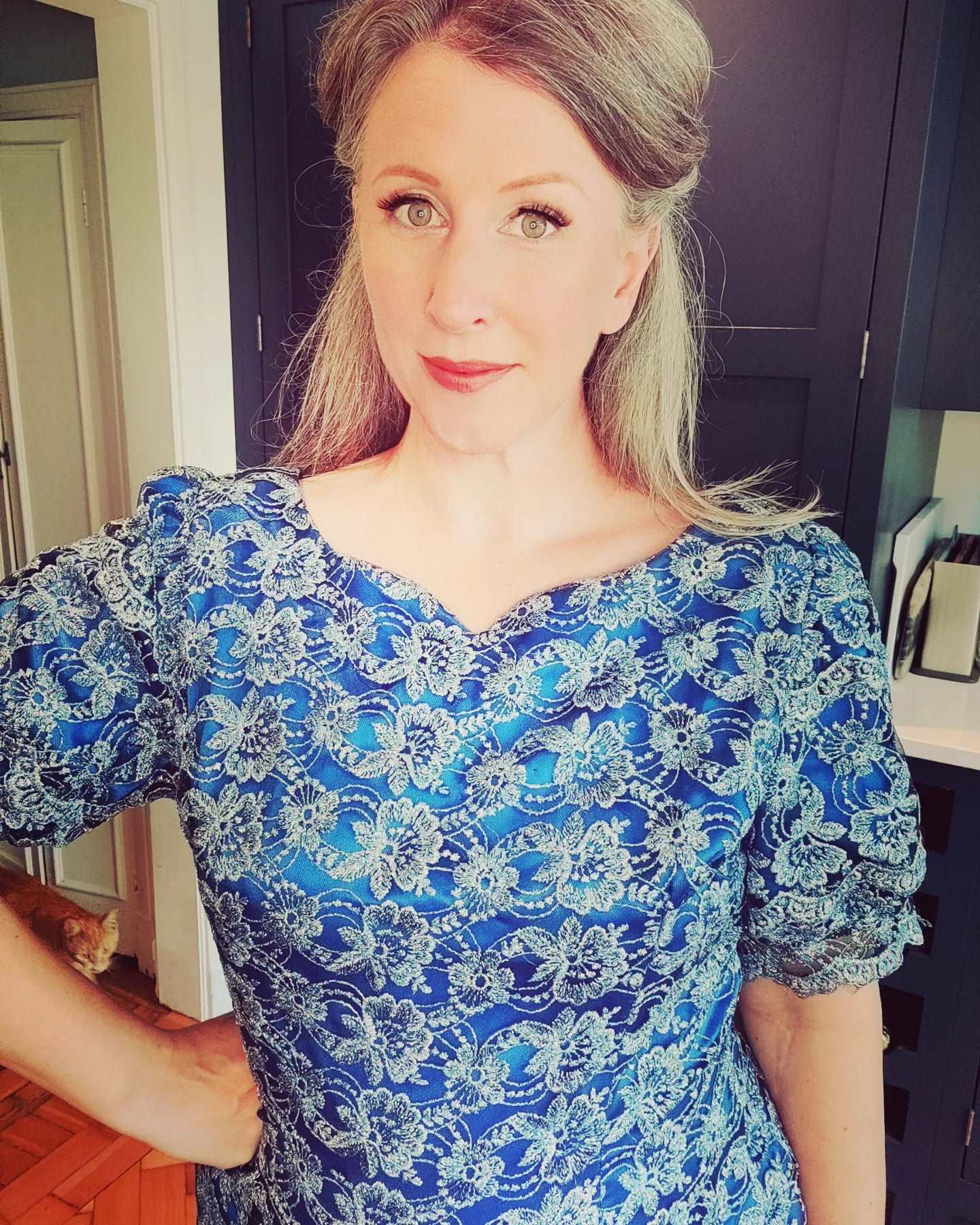 very flattering blue lace vintage dress. 50's style.