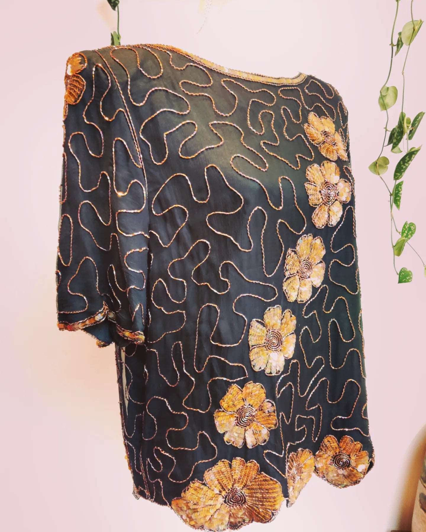 1980s Black and gold floral beaded top. Size 12-14.