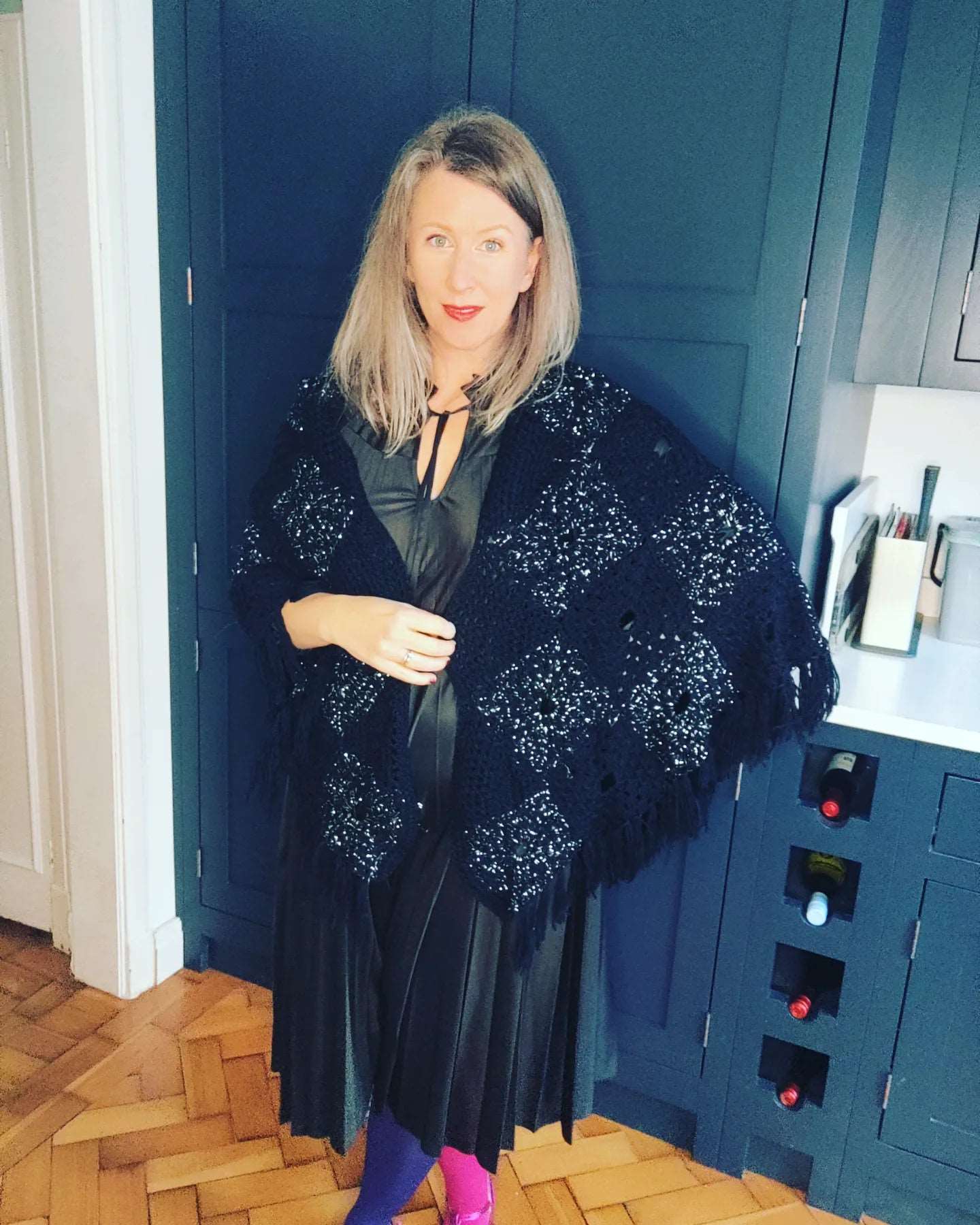 Vintage crocheted cape, one size. Black and silver.
