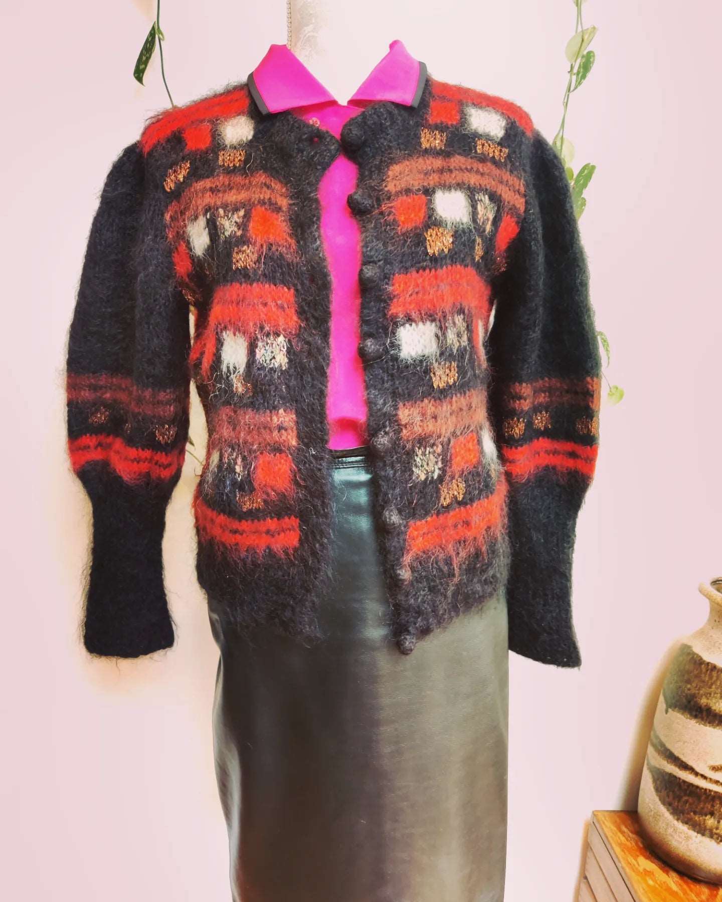 Stunning black and red vintage mohair cardigan. Size 8-12.