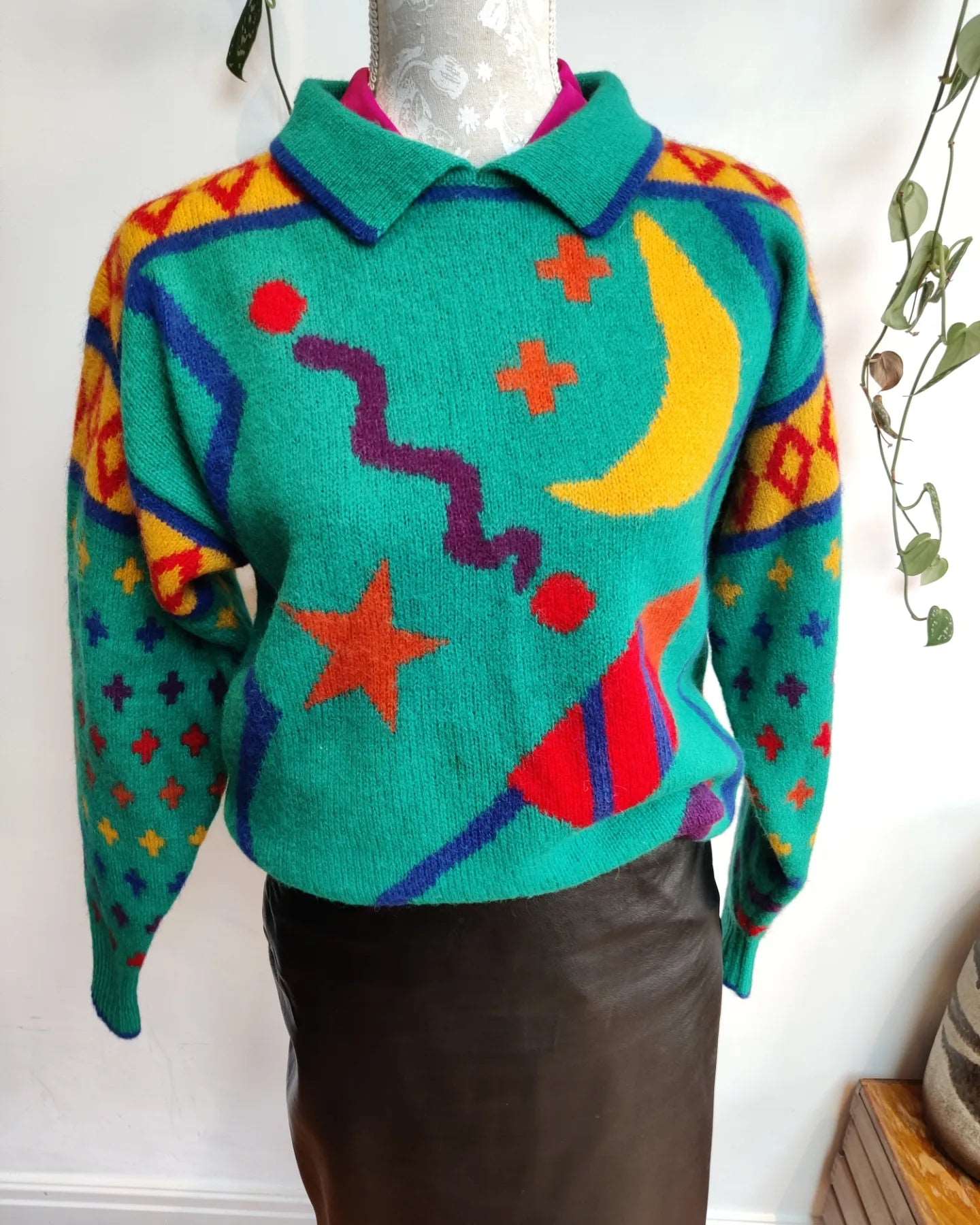 bright and colourful vintage jumer with collar.