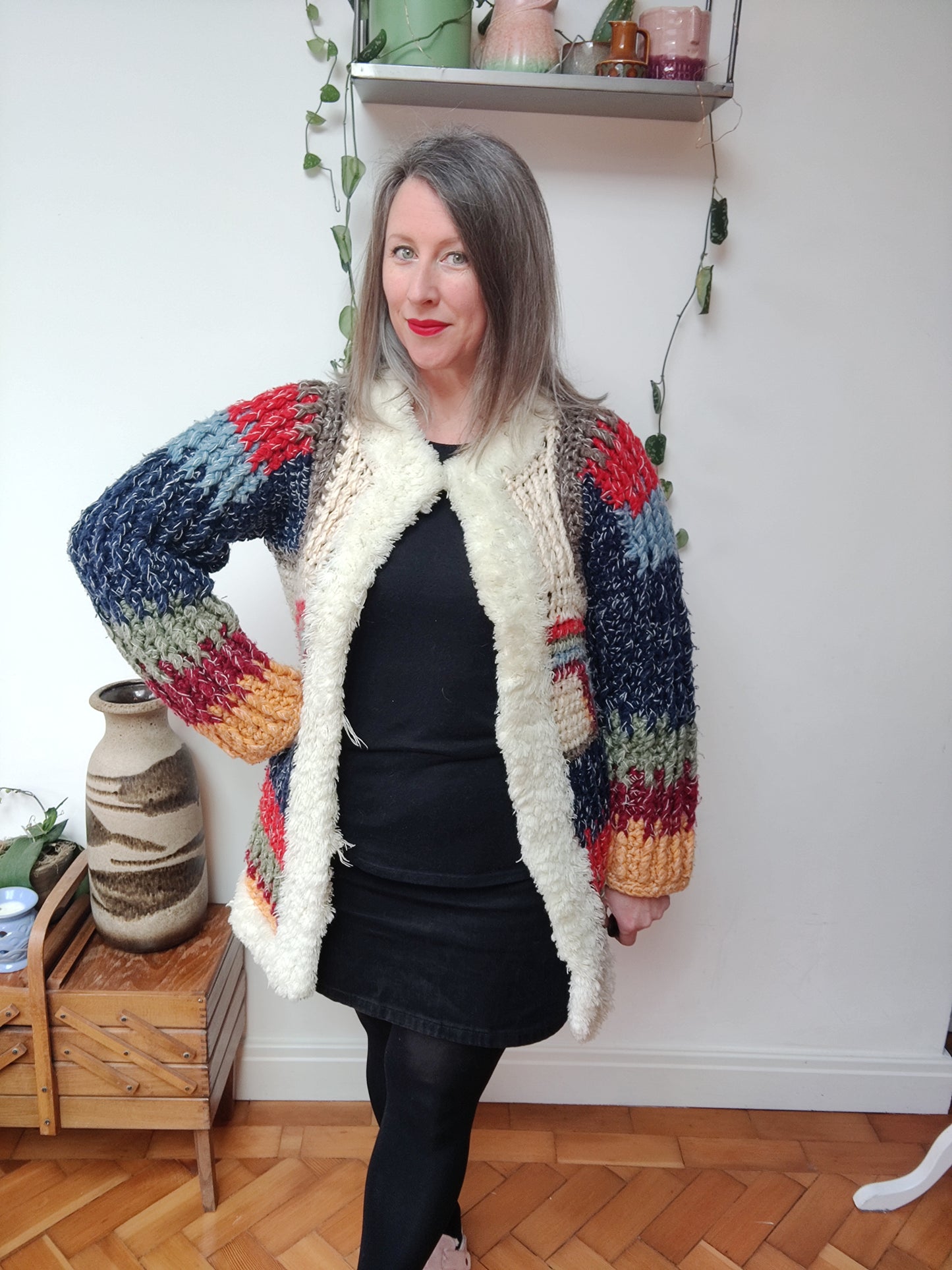 Incredible multicoloured 70s chunky knit cardigan. Size 10.