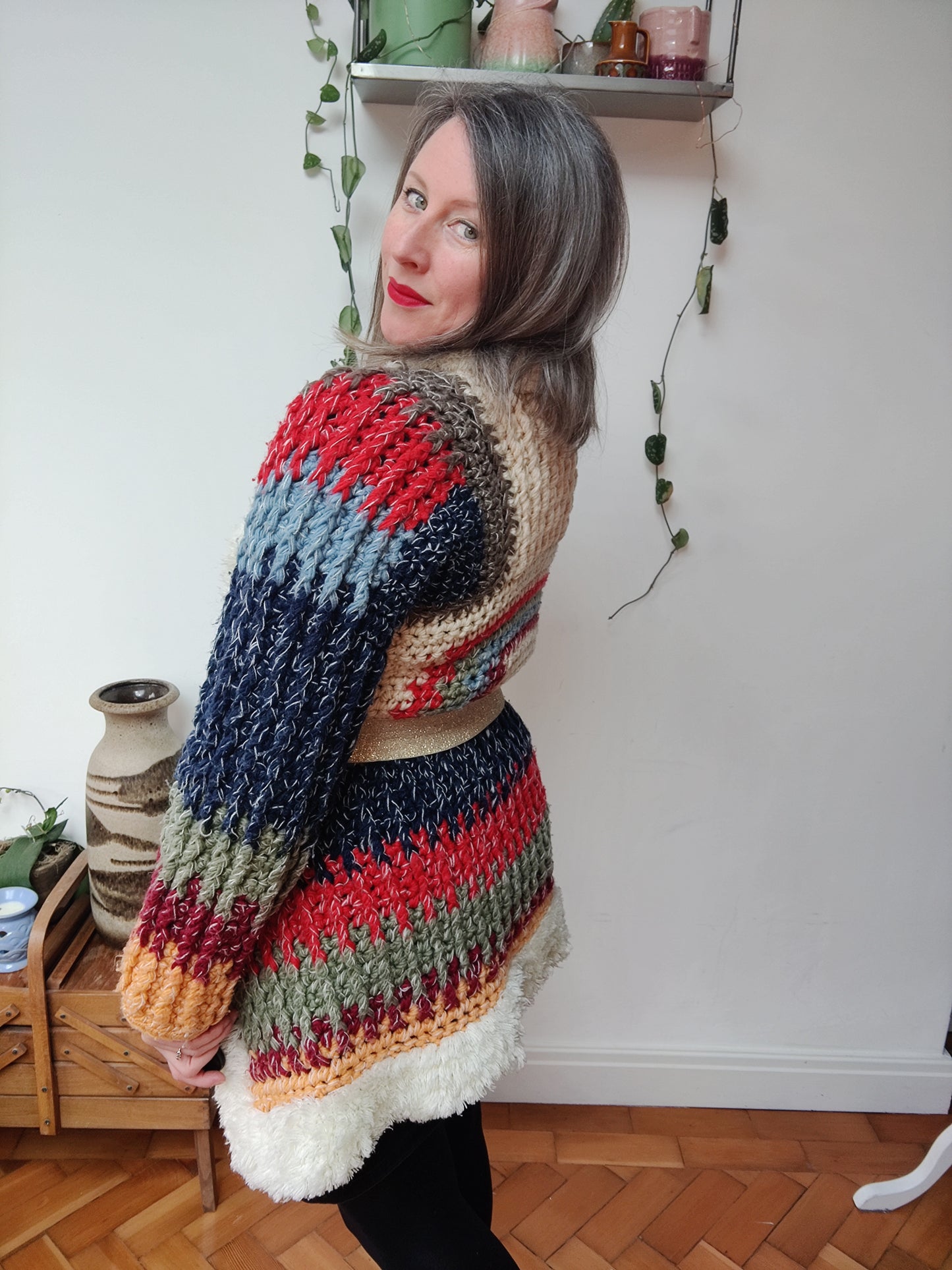 Incredible multicoloured 70s chunky knit cardigan. Size 10.