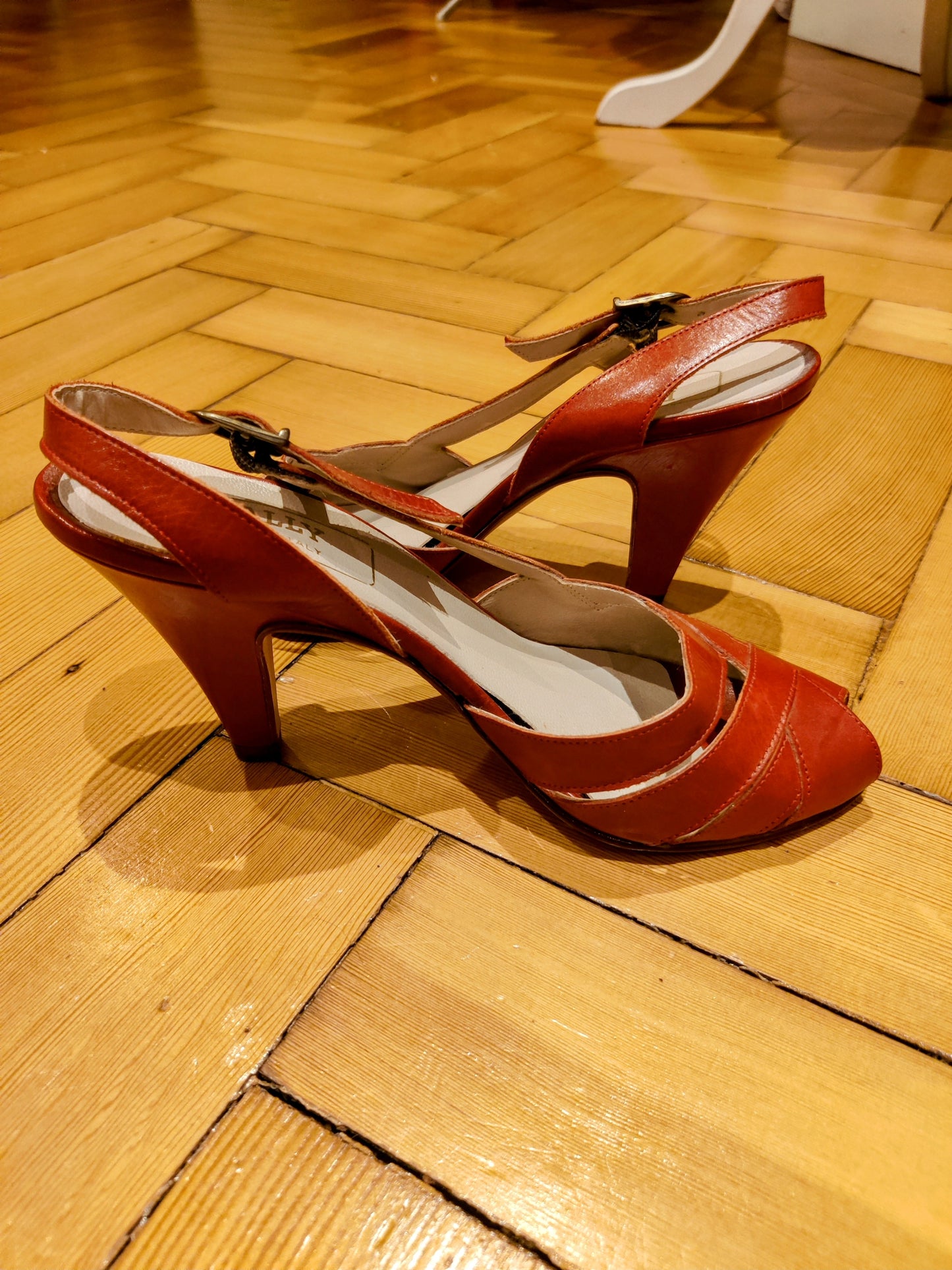 Red 1970s Bally high heeled strappy shoes. Size 3.