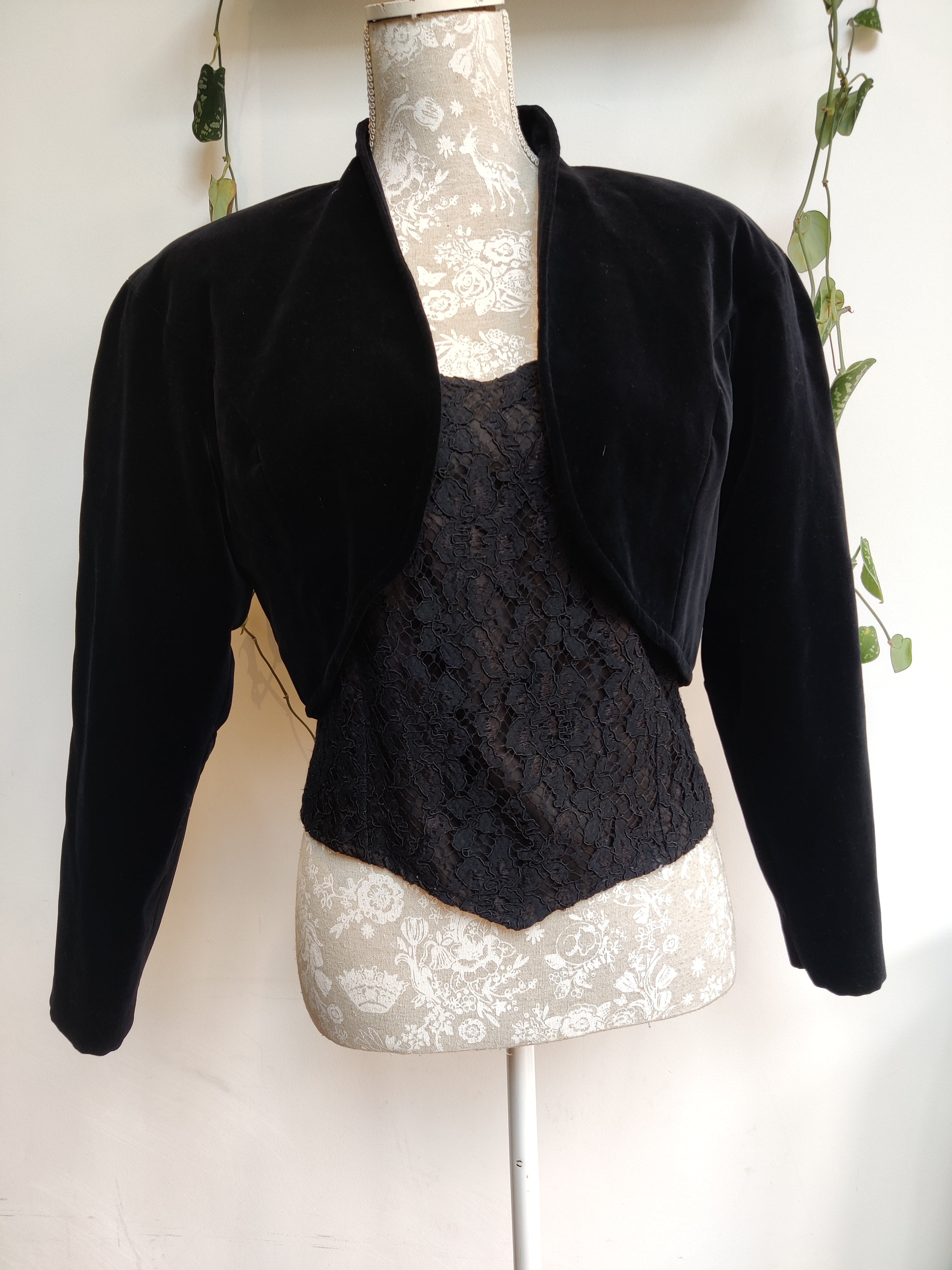 West German black lace top with velvet bolero jacket. Size 10