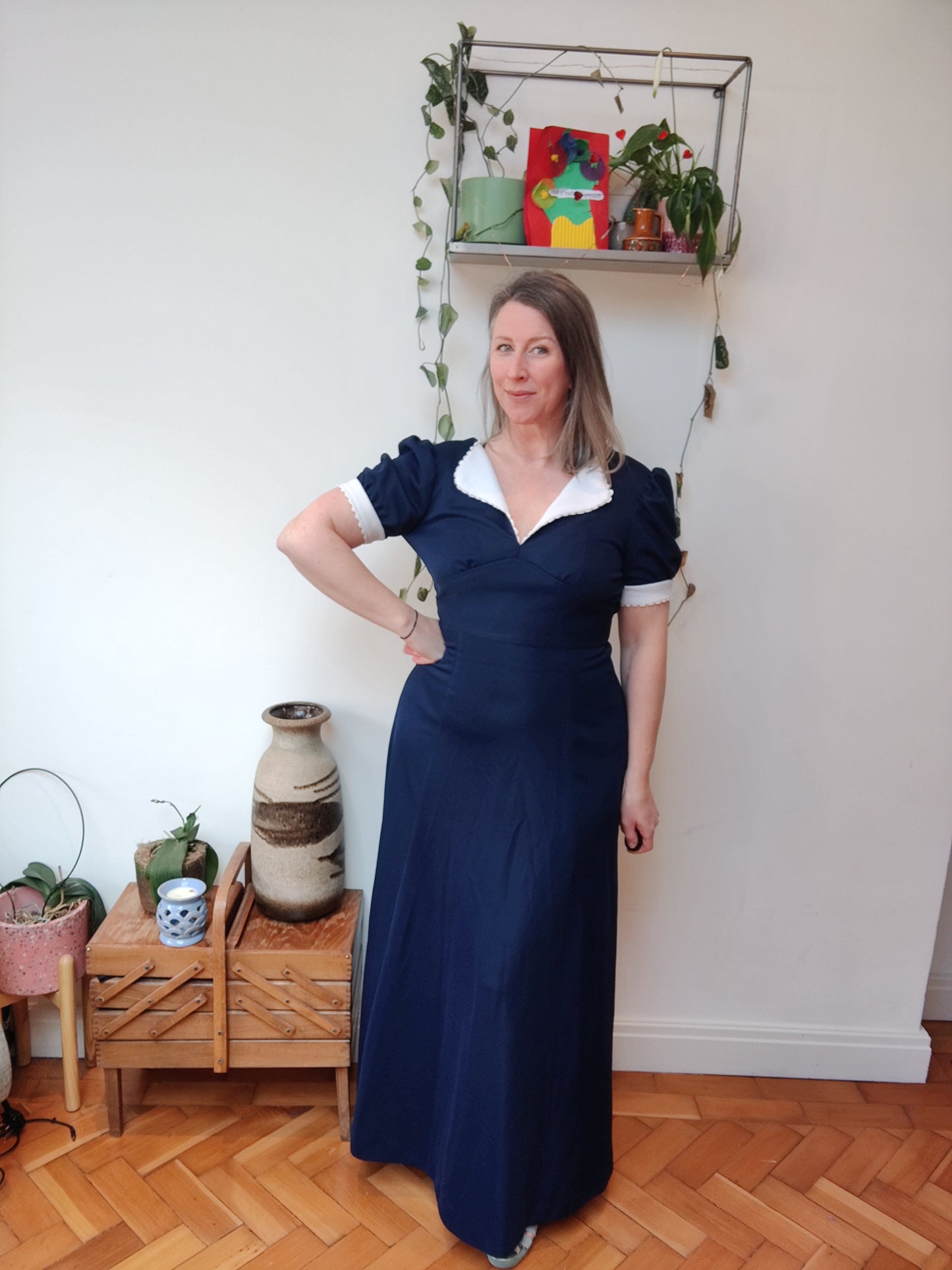 70s blue and white maxi dress