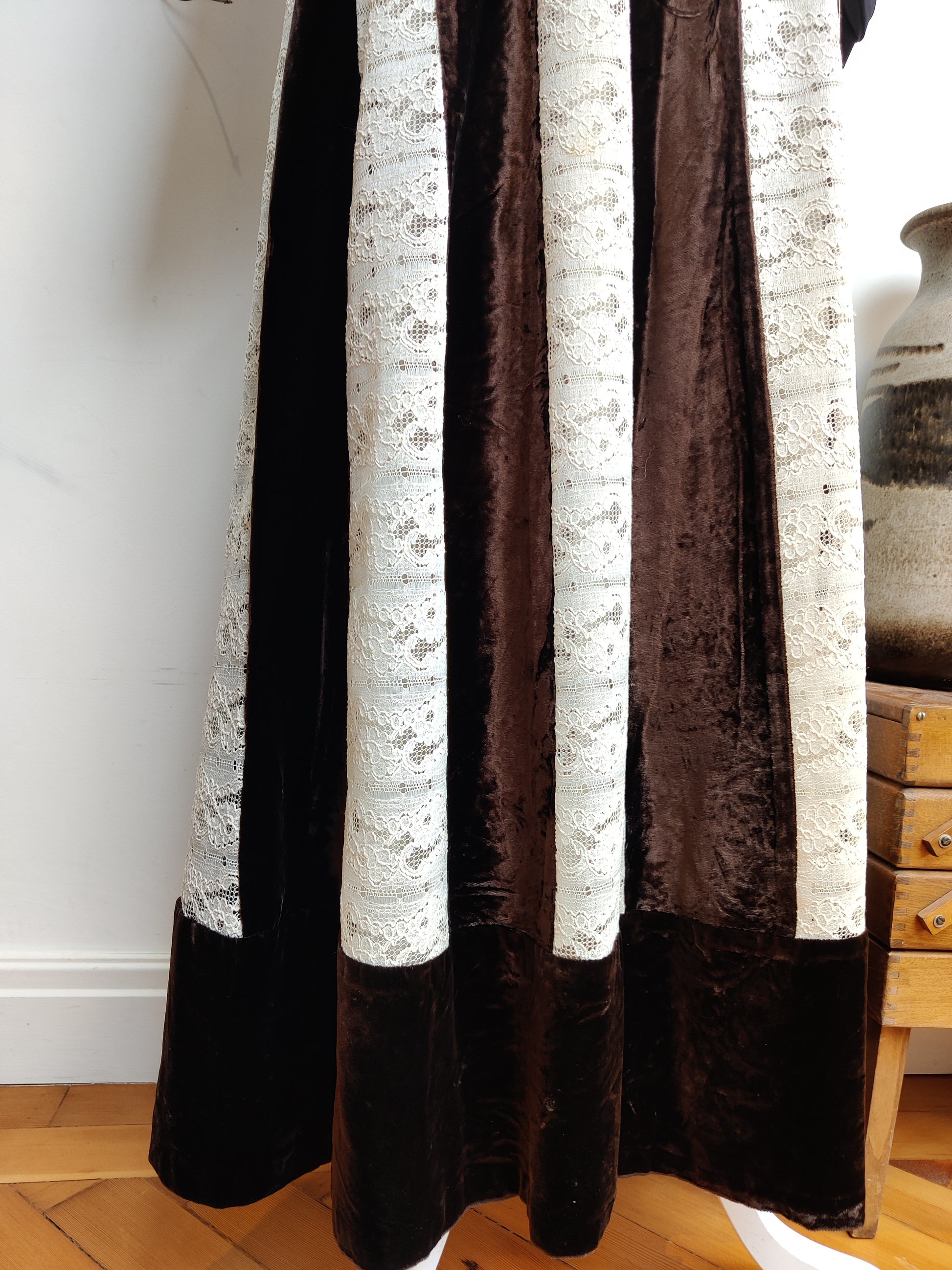 Brown velvet and lace maxi skirt